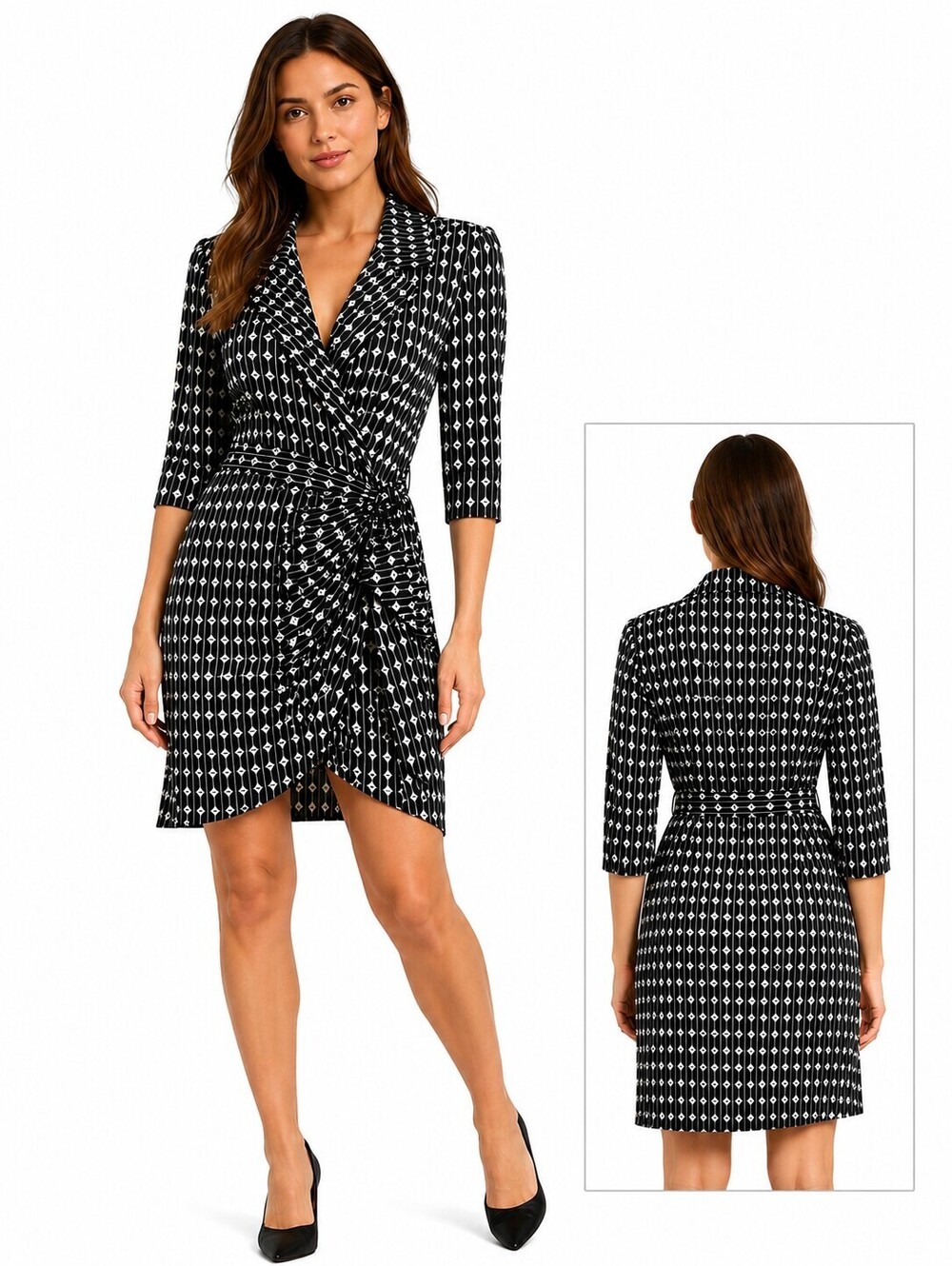 Zara Women’s Black White Geometric Wrap Dress 3/4 Sleeve Belted - Medium